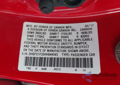 2017 Honda Civic Ex-T from USA, damaged, VIN 2HGFC1F33HH644545